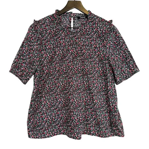 Madewell Puff Sleeve Ruffle Top Blouse Black Fieldwalk Floral - M - Picture 1 of 9